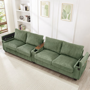 English Elm 4-seater Corduroy Sofa with USB Ports, Flip-Top Cup Holders, Hidden Arm Storage & Ultra-Deep Seats Green N719S001990F