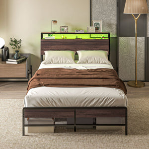 English Elm HOMCOM Full Size Bed Frame with LED RGB Headboard, Built-In Charging Station and 3-Tier Shelf Walnut W2225P249911