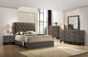 English Elm Contemporary King Size Bedframe With Tufted Headboard, Gray Upholstery & Rubberwood Frame Design B011P236789