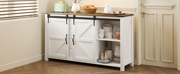 English Elm U-style Farmhouse Sideboard Barn Door Buffet with Drawers Built-in Outlet Dining White N711P347377K