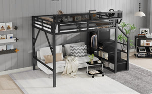 English Elm Full Size Loft Bed With Stairs And Storage Shelves – Stylish Black Metal High Loft Bed For Kids & Teens W2580S00037