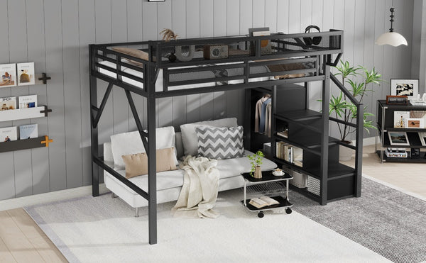 English Elm Full Size Loft Bed With Stairs And Storage Shelves – Stylish Black Metal High Loft Bed For Kids & Teens W2580S00037