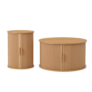 English Elm [Assembly Mid-Century Coffee Table Set with Tambour Sliding Doors, Fluted Round End Table, Gold Handles, Versatile Storage and Stylish Wooden Finish Natural N721P351940D