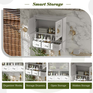 English Elm 4-in-1 Wall Mounted Bathroom Cabinet with Mirror Drawers and Towel Hooks Vanity White N710P405416K