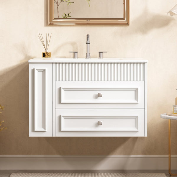 English Elm 30'' Wall Mounted Bathroom Vanity with Ceramic Sink, Floating MDF Cabinet, Soft-Close Drawers & Ample Storage White N710P334915K