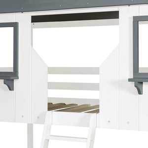 English Elm Twin Over Playhouse Bunk Bed Solid Pine Frame with Roof Windows Guardrail LT100045AAK-1