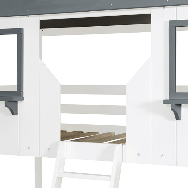 English Elm Twin Over Playhouse Bunk Bed Solid Pine Frame with Roof Windows Guardrail LT100045AAK-1