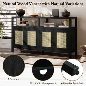 English Elm TREXM Bohemian Rattan Buffet Sideboard with Solid Wood Frame, Adjustable Shelves & Cord Management Black N715P290093B