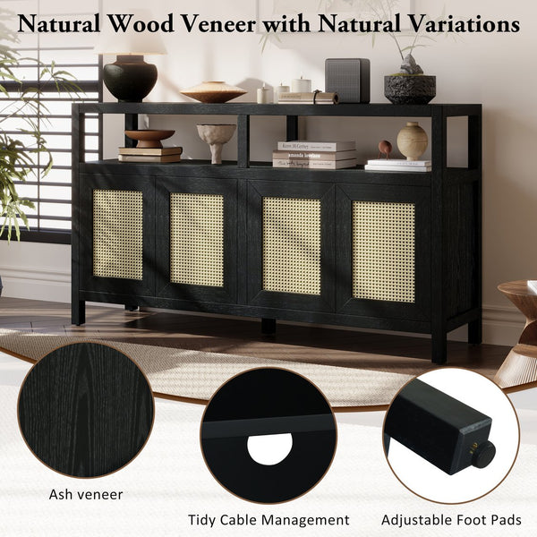 English Elm TREXM Bohemian Rattan Buffet Sideboard with Solid Wood Frame, Adjustable Shelves & Cord Management Black N715P290093B