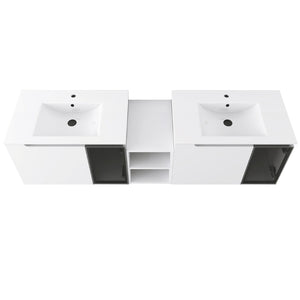 English Elm 72" Floating Double Bathroom Vanity Plywood Cabinet Ceramic Sinks Soft Close Doors W999S00533
