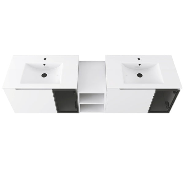 English Elm 72" Floating Double Bathroom Vanity Plywood Cabinet Ceramic Sinks Soft Close Doors W999S00533