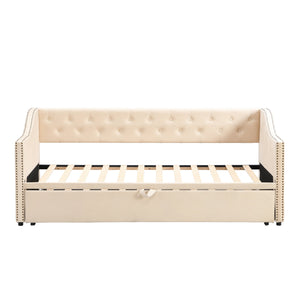 English Elm Twin Upholstered Daybed with Pop-Up Trundle, Space-Saving Guest Bed with Slats, Hydraulic Wheels, 81.9" L Beige SF000133AAA