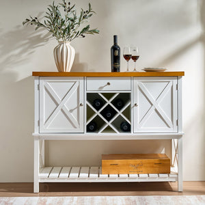 English Elm Bar cabinet Mid-Century Farmhouse Console Table with Wine Rack, Drawer, Shelf & 200lb Capacity White Oak W3417P316958