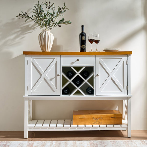 English Elm Bar cabinet Mid-Century Farmhouse Console Table with Wine Rack, Drawer, Shelf & 200lb Capacity White Oak W3417P316958
