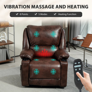 English Elm Massage Recliner Swivel Rocker with Heat Lumbar Support Pu Leather Oversized Lounge T3971P405839