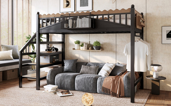 English Elm Twin Xl Metal Loft Bed with Stair Storage Shelves Sturdy Steel Frame for Dorms W1580S00377