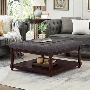 English Elm Large Square Tufted Ottoman with Wood Shelf Upholstered Footrest for Living Room Dark Gray W2186P204186