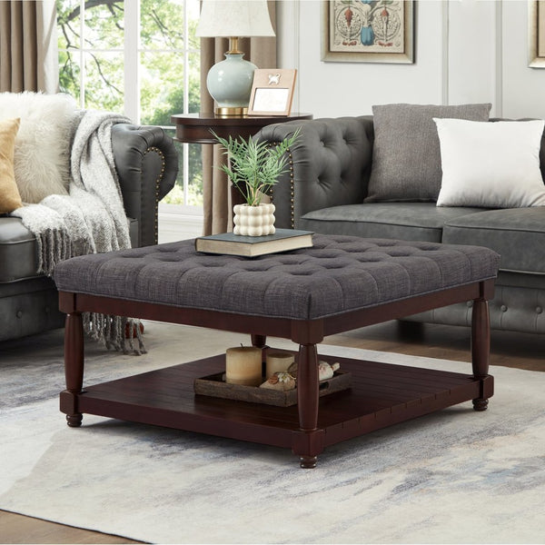English Elm Large Square Tufted Ottoman with Wood Shelf Upholstered Footrest for Living Room Dark Gray W2186P204186
