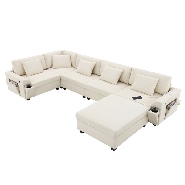 English Elm 128*67" U Shaped Sectional Sofa with Movable Ottoman, Hidden Armrest Storage, Cup Holders & USB Ports Off White N723S0192A