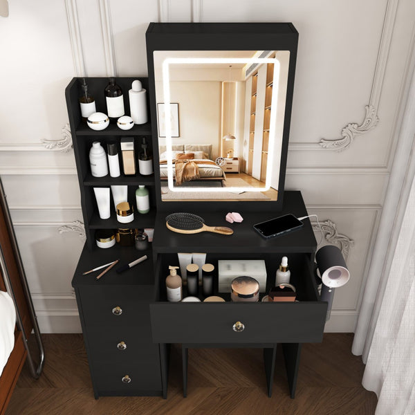 English Elm Modern Vanity Desk with Led Lighting Four Drawers Glossy Mdf and Dressing Chair W509P465829