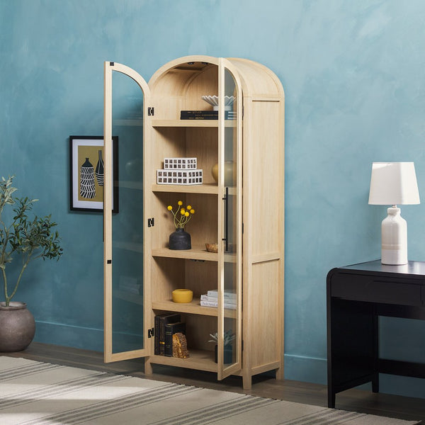 English Elm Walker Edison - Modern 5 Shelf Arched Tall Bookcase with Tempered Glass Doors, MDF Durability, Sleek Metal Handles, Showcase Pieces in Living and Office Spaces Oak 72.31 L x 19.01 W x 15 H B185S00025