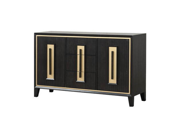 English Elm Espresso Contemporary Farmhouse Server 60"W with Wood Handles, Felt-Lined Dovetail Drawers, Gold Trim B2741P311026