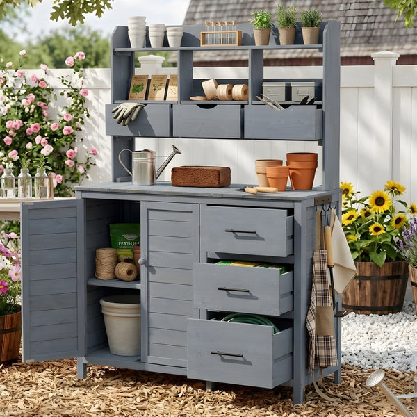 English Elm (with Hutch) Topamx Solid Fir Potting Bench Patio Workstation Spice Rack Drawer Gray N717P404331E