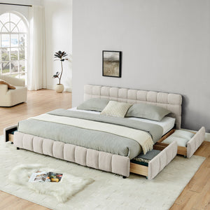 English Elm King Upholstered Bed Frame with Plush Chenille Headboard, Modern Storage Drawers & Solid Assembly-Friendly Design Beige W487P235315