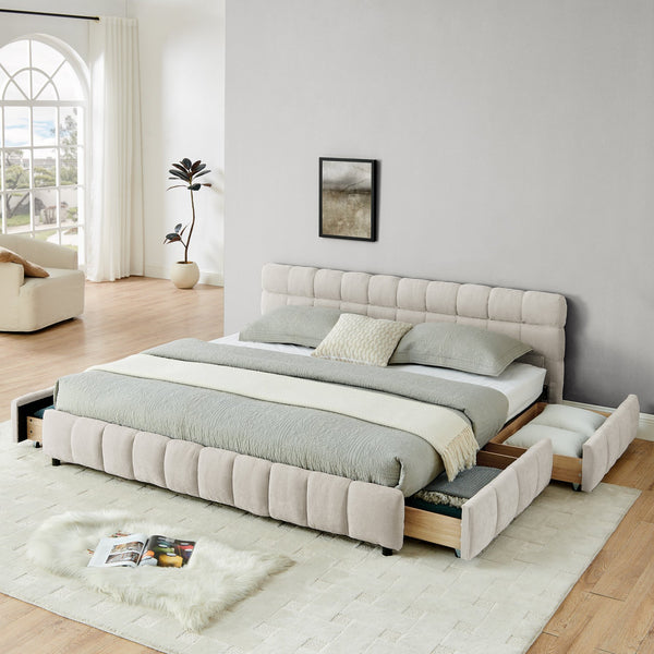 English Elm King Upholstered Bed Frame with Plush Chenille Headboard, Modern Storage Drawers & Solid Assembly-Friendly Design Beige W487P235315