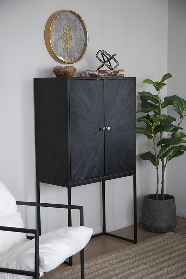 English Elm 31.5x16.5x60" Cabinet Black - Sleek Iron Base Accent Storage with Dual Doors, Versatile Display Pedestal W2078P293320