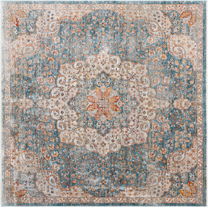 Unique Loom Newport Elms Machine Made Medallion Rug Blue, Ivory/Light Blue/Rust Red/Terracotta/Yellow/Pink 8' 0" x 8' 0"