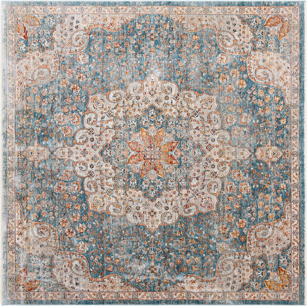 Unique Loom Newport Elms Machine Made Medallion Rug Blue, Ivory/Light Blue/Rust Red/Terracotta/Yellow/Pink 8' 0" x 8' 0"