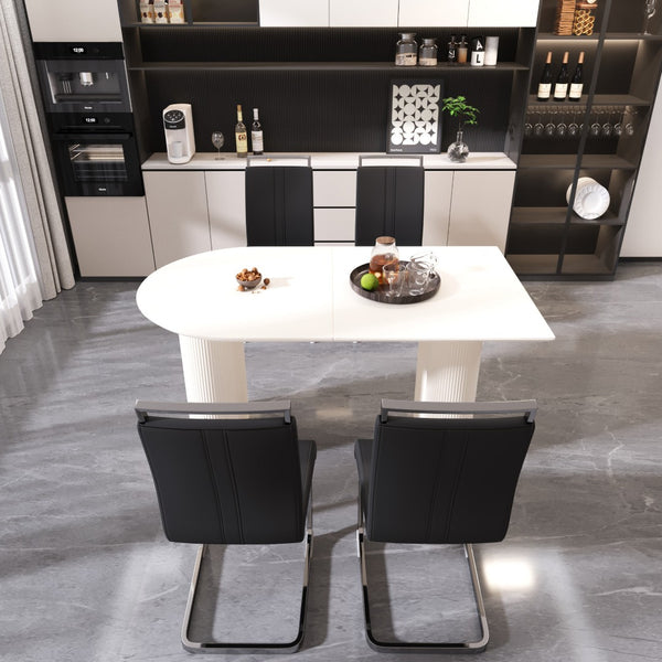 English Elm 63 Inch Cream Mdf Dining Table Set with Pu Chairs and Sculptural Wavy Legs for Five W2189S00903