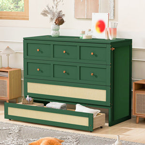 English Elm Full Size Murphy Wall Bed Cabinet with Rattan Panel Detailing and Storage Drawers Green N708P336203F