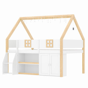 English Elm Twin-size Pine Low Loft Bed with House Canopy Step Stairs Storage Cabinet Led Lights N7090005033K