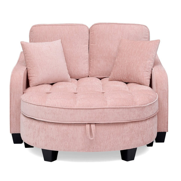 English Elm Two-seater Corduroy Loveseat with Sculptural Asymmetric Design and Hidden Ottoman Storage Pink W487S00465