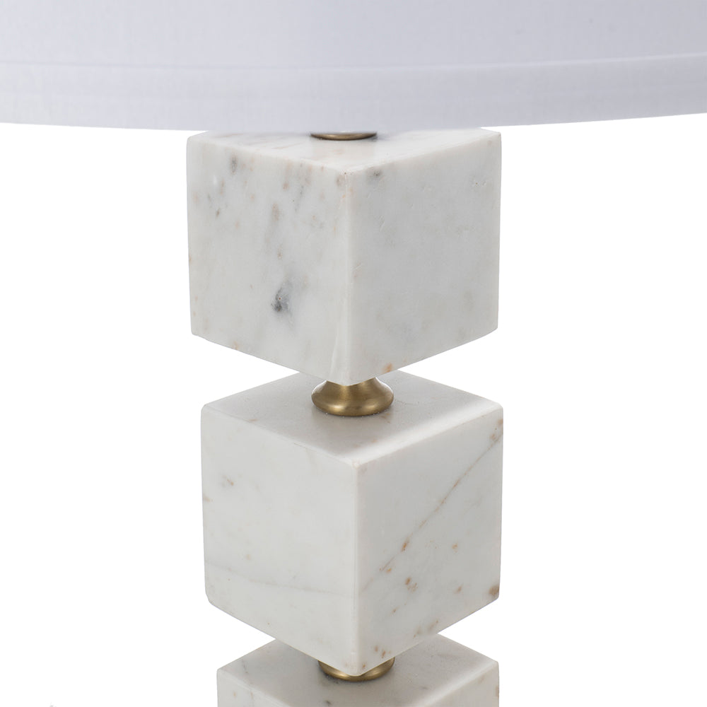 English Elm D16x26.5" White Marble Cube Table Lamp with Gold Pedestal, Drum Shade, Modern Sculptural Accent W2078P399249