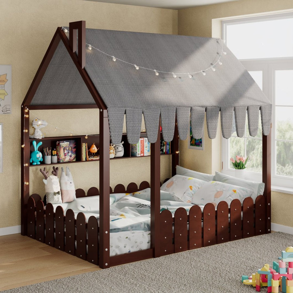 English Elm {slats Are Not Included} Twin Montessori House Floor Bed Kids Tent Lights Shelves Pinewood Frame Espresso N708P407963P