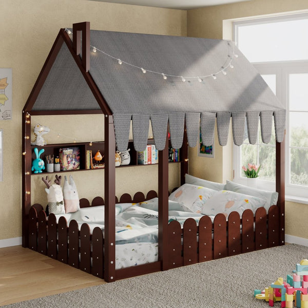 English Elm {slats Are Not Included} Twin Montessori House Floor Bed Kids Tent Lights Shelves Pinewood Frame Espresso N708P407963P