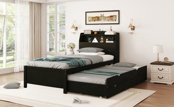 English Elm Twin LED Platform Bed with Trundle and Under-Storage Drawers, Flip-Up Headboard, USB Ports Espresso N820S10008D