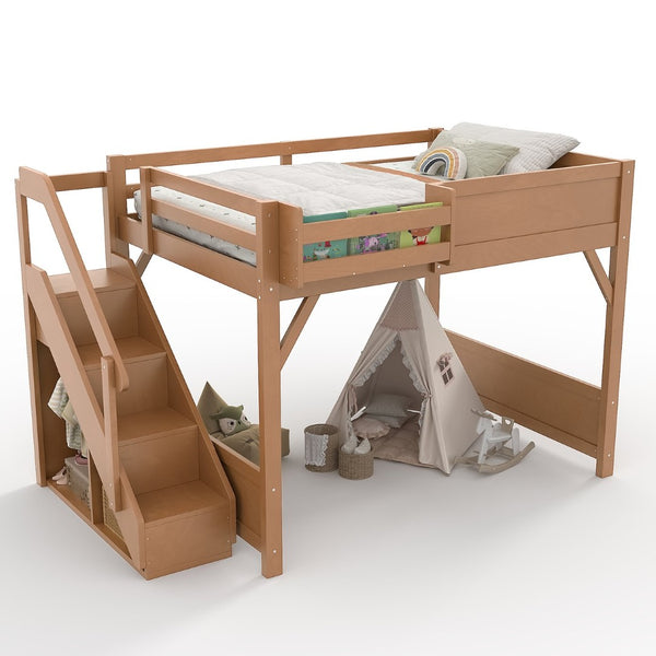 English Elm Twin Low Loft Bed Solid Pine Frame Kids Study Desk Blackboard Storage White Antique Natural W1580S00554
