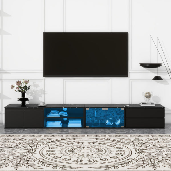 English Elm ON-TREND Modern APP-Controlled LED TV Stand for TVs up to 105" with Faux Marble Top, Tempered Glass Doors, Ample Storage, Cable Management, and High Load Capacity for Living Room Entertainment Center Black N721P171537B
