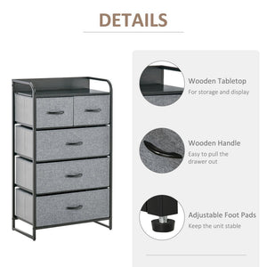 English Elm HOMCOM 5-Drawer Dresser with Wooden Top — Foldable Fabric Drawers, Steel Frame, Anti-Tip Design, Gray W2225P217736