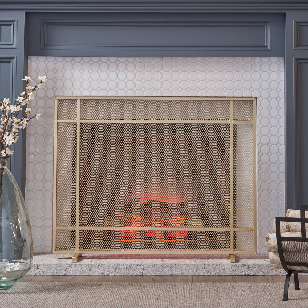 English Elm Christopher Knight Home® - FIRE Markus Modern Single Panel Iron Firescreen with Brushed Silver Finish, Minimalist Mesh Guard Gold 65183.00GLD