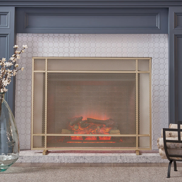 English Elm Christopher Knight Home® - FIRE Markus Modern Single Panel Iron Firescreen with Brushed Silver Finish, Minimalist Mesh Guard Gold 65183.00GLD