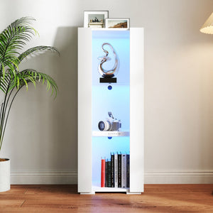 English Elm Storage Cabinet with Aluminum LED Strip Light and Glass Shelves Wall or Floor Mount Space-Saver W331P251042