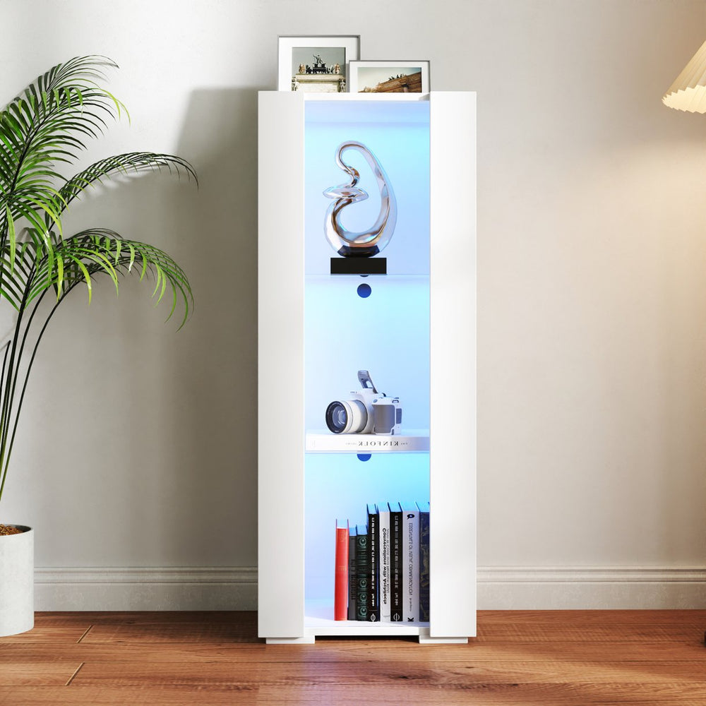 English Elm Storage Cabinets Wall or Floor-Mount with LED Aluminum Strip Light, Glass Shelves, Space-Saving Decor W331P251042