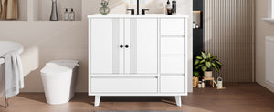 English Elm 36" Freestanding Bathroom Vanity Solid Wood Cabinet Ceramic Basin Four Drawers White W1580P382510