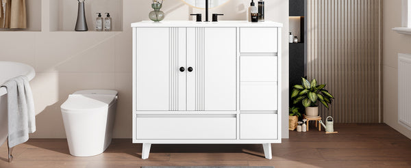 English Elm 36" Freestanding Bathroom Vanity Solid Wood Cabinet Ceramic Basin Four Drawers White W1580P382510
