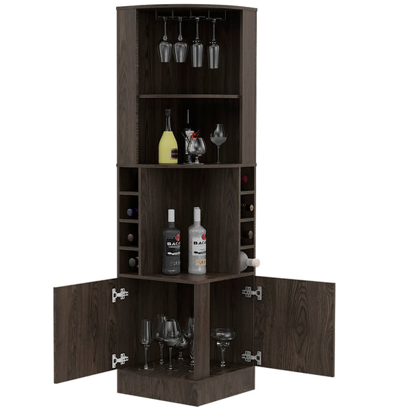 English Elm Seattle Tall Bar Cabinet with Eight Bottle Cubbies Open Shelving and Enclosed Storage B128P322509